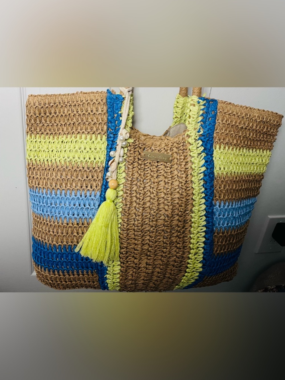 Shore Thing Woven Straw Tote with Neon Yellow & Blue Trim